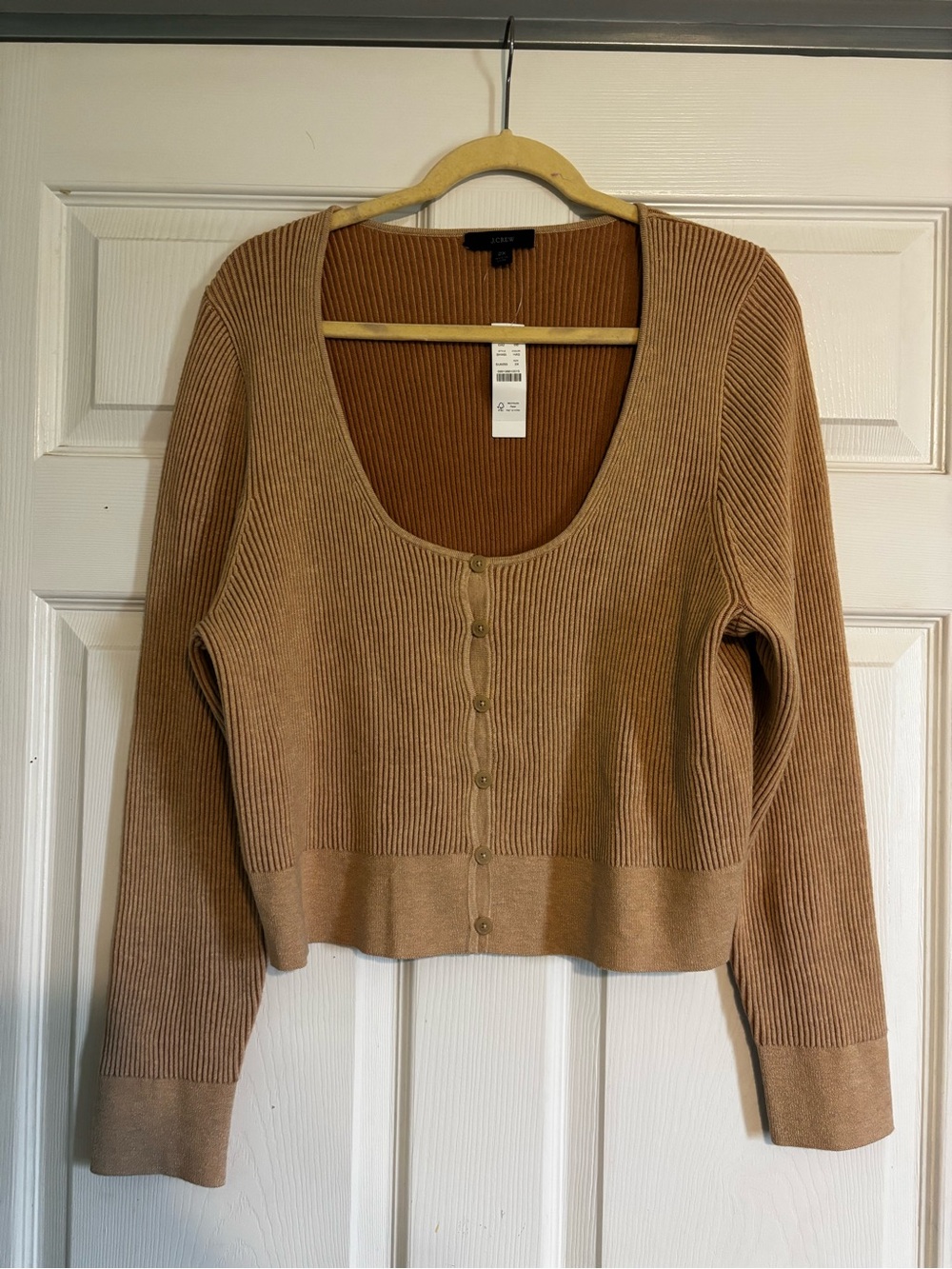 J. Crew Scoop Neck Ribbed Button-Front Cardigan - Camel
